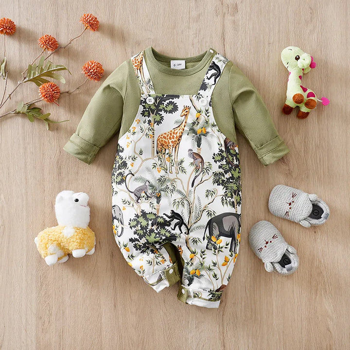 Newborn Forest Animal Print Long Sleeve Jumpsuit