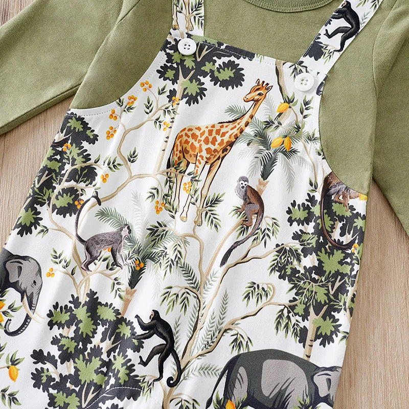Newborn Forest Animal Print Long Sleeve Jumpsuit